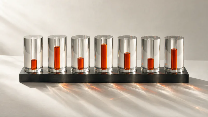 Seven thick clear glass cylinders in a row on a black steel tray. Each holds a column of orange liquid at a different, measured level.