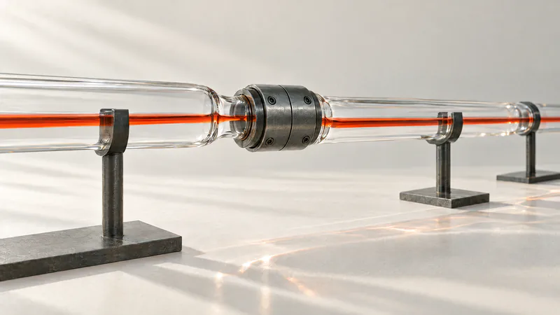 A run of clear glass tubes on black steel stands. One joint is rejoined by a machined steel coupling, and a thin orange liquid flows through the repaired joint without a break.