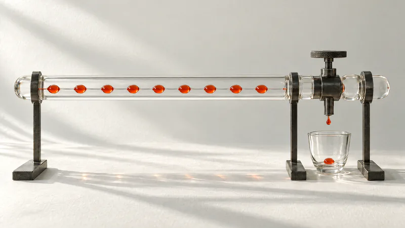 A long clear glass tube on black steel supports holds a row of evenly spaced orange droplets. A small steel valve near the end lets one droplet through into a glass cup below.