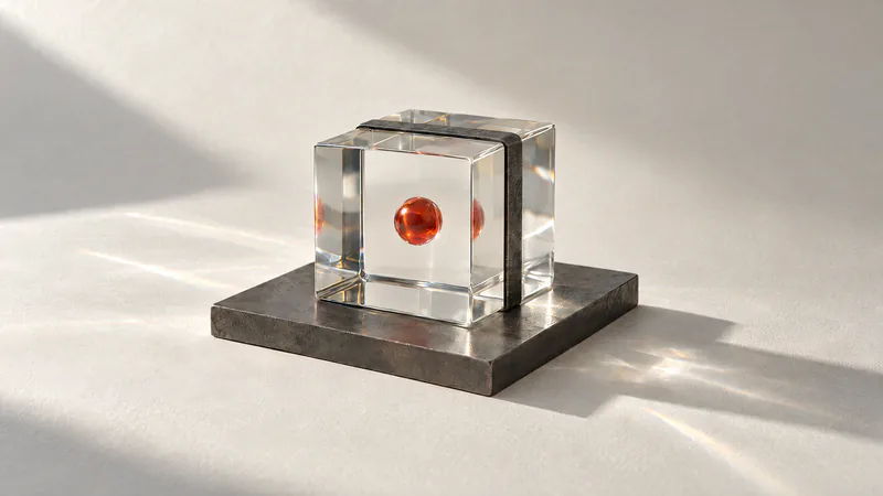A small sealed cube of clear glass on a black steel plate, with one orange core held at its centre and a thin steel band around it like a seal.