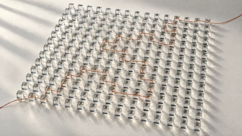 Seen from above, a grid of about two hundred small clear glass cubes on paper. One continuous orange thread weaves through many of them.