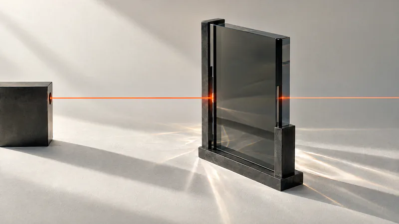 A thin orange beam of light meets an upright slab of smoked glass in a black steel frame. Only one narrow line of light passes through a slot in the slab.