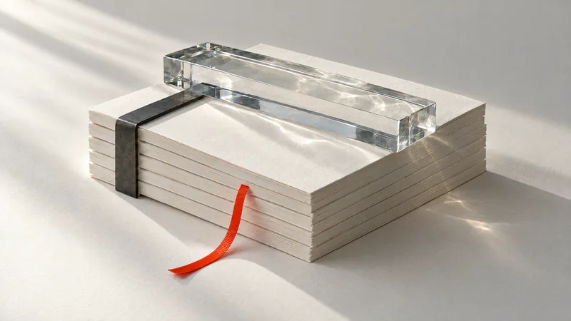 A squared stack of six blank paper documents held by a black steel clip, with a glass bar across the top and one thin orange ribbon marker between the sheets.