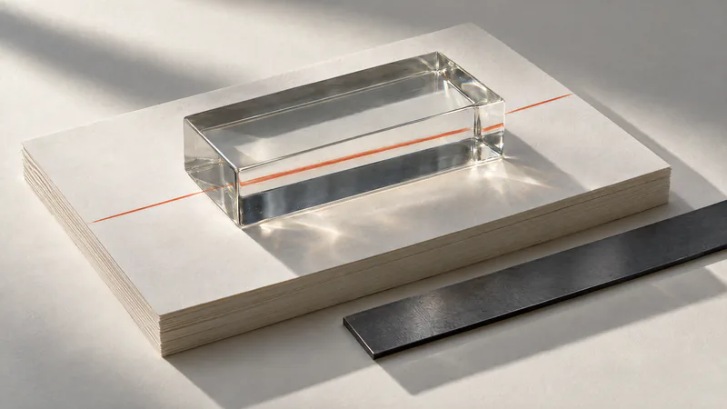 A heavy glass paperweight on a stack of blank paper. One straight orange line is ruled across the top sheet under the glass, with a black steel ruler beside the stack.